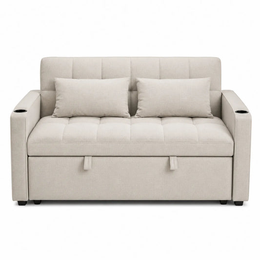 Beżowa sofa 2-osobowa z funkcją przechowywania i uchwytami na kubki