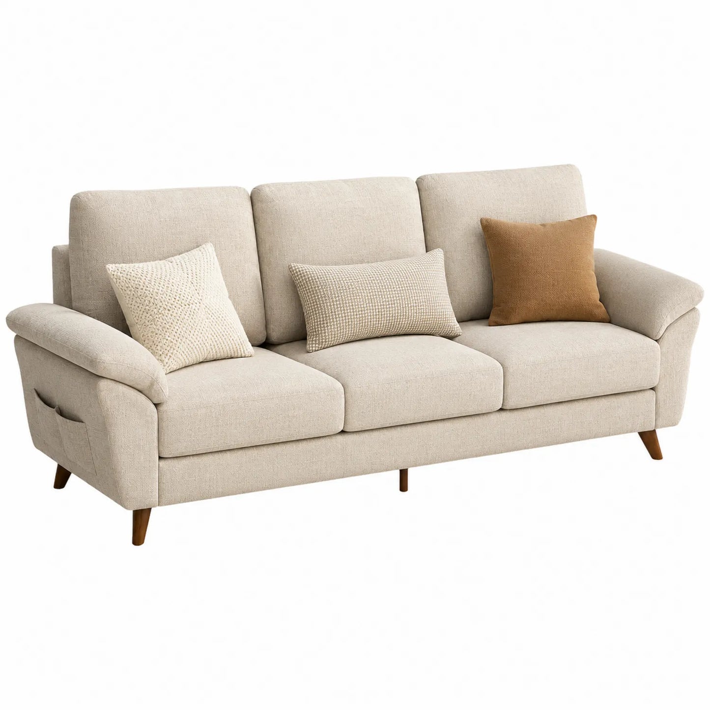 Sofa trzyosobowa z tkaniny beżowa z poduszkami