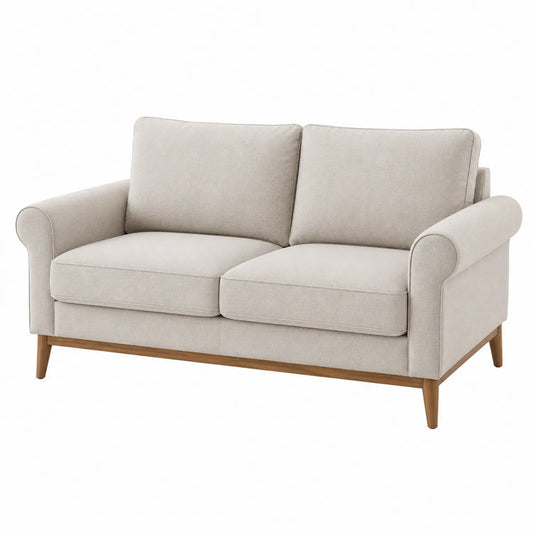 Sofa dwuosobowa z drewna i poliestru beżowa
