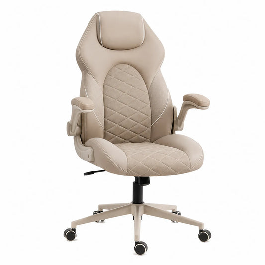 Krzesło biurowe ergonomiczne beżowe z podłokietnikami i zagłówkiem